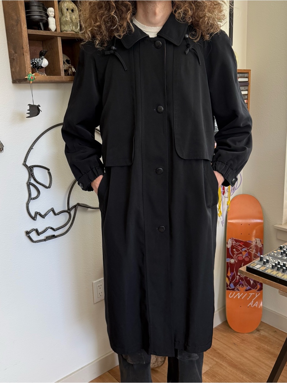 Vintage 90s Black Hooded Maxi Duster Coat Forecaster of Boston ~ Size Large